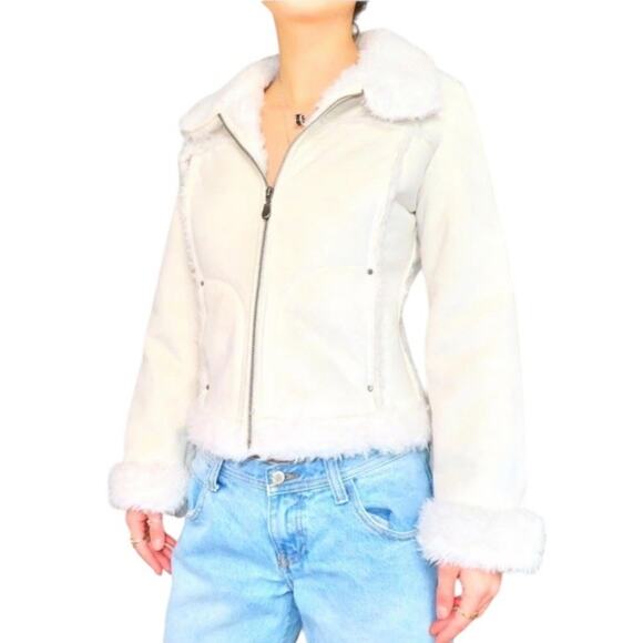 Bebe Y2K Faux Suede Jacket w/ Faux Fox Fur Trim White Cream Size Small - Picture 2 of 14